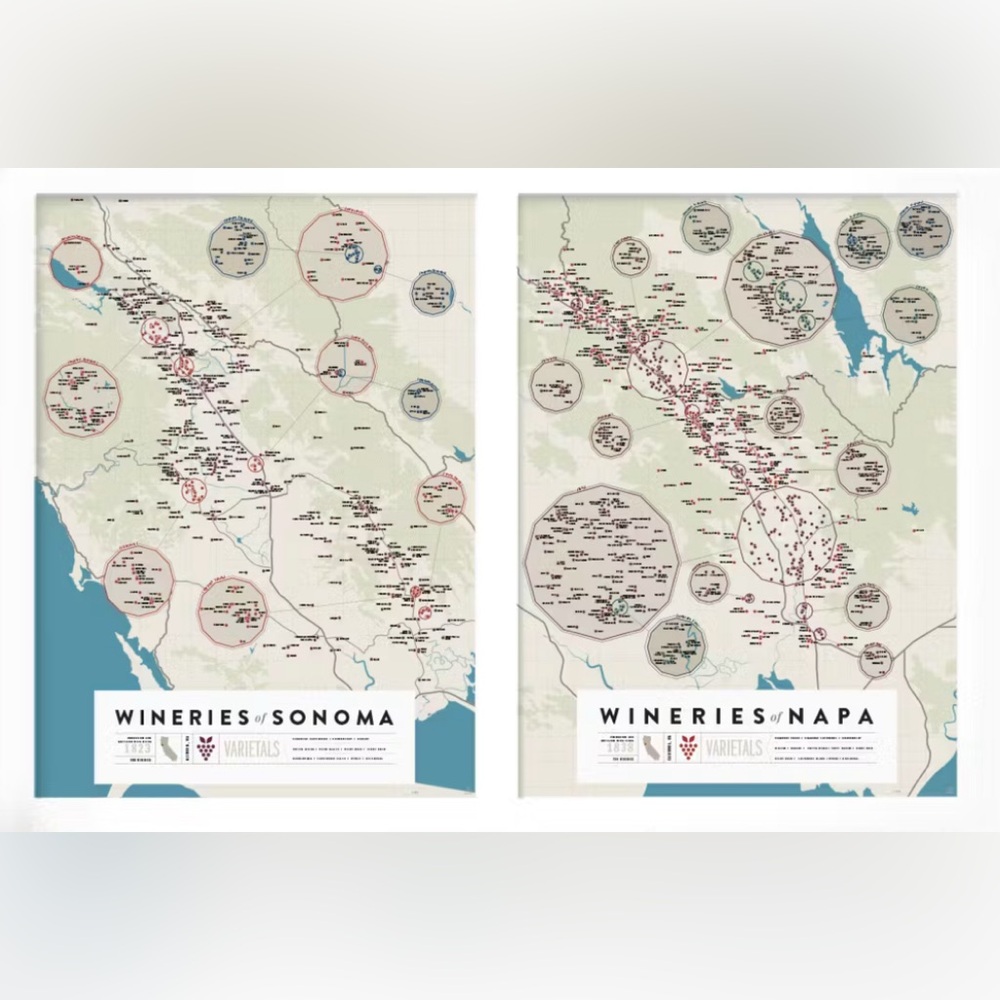 Set of 2 (Two) Pop Chart Map Prints Wineries of Sonoma & Napa From 2017 UNFRAMED